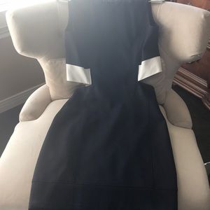 Wool navy dress mid cutout  leather trim